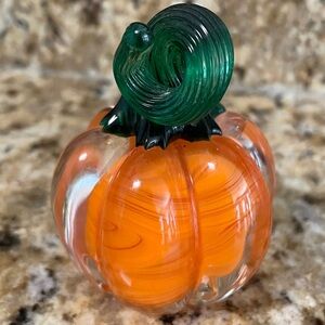 Glass Pumpkin Figurine with Green Stem. Vintage Prestige Art Glass 1996